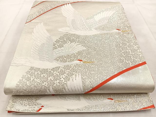 平和屋着物◎六通柄袋帯　唐織　寿鶴飛翔文　金銀糸　正絹　逸品　BAAU9322yc