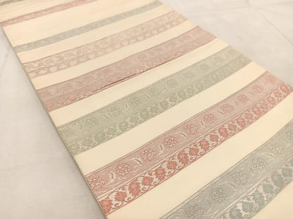 平和屋着物◎六通柄袋帯　横段更紗　銀糸　正絹　逸品　BAAU9317yc