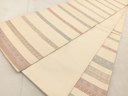 平和屋着物◎六通柄袋帯　横段更紗　銀糸　正絹　逸品　BAAU9317yc