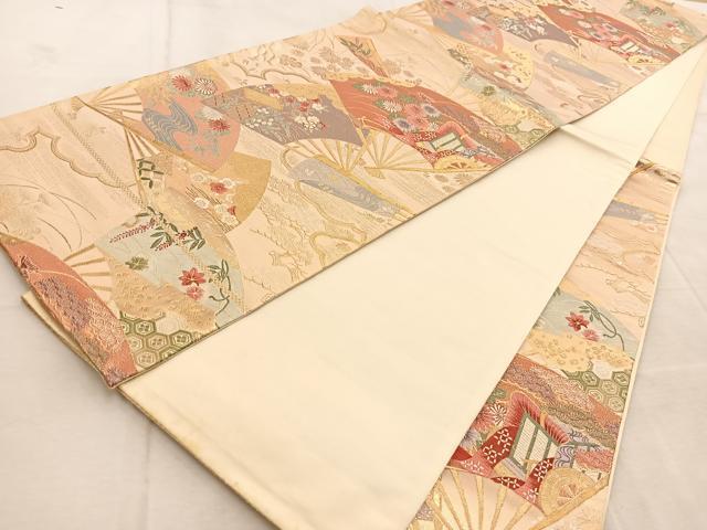 平和屋着物◎六通柄袋帯　唐織　扇面御所車花文　金銀糸　正絹　逸品　BAAU9350yc