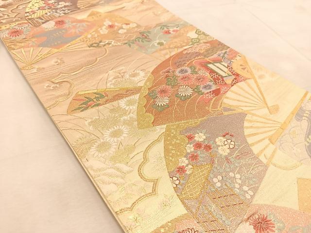 平和屋着物◎六通柄袋帯　唐織　扇面御所車花文　金銀糸　正絹　逸品　BAAU9350yc