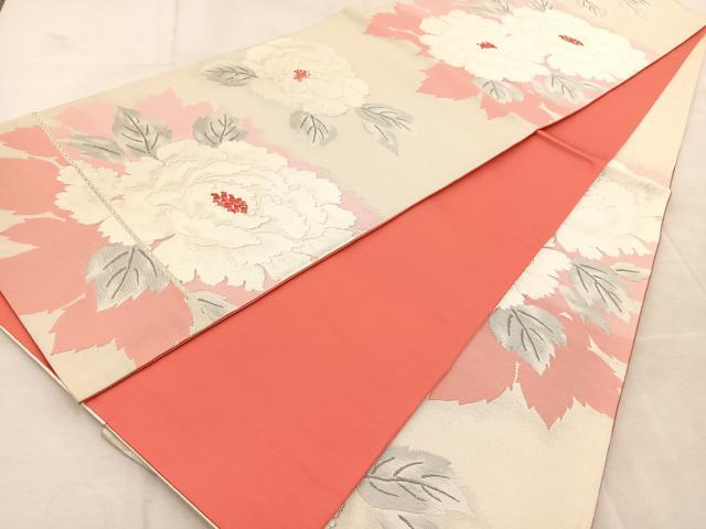 平和屋着物◎六通柄袋帯　唐織　牡丹　銀糸　正絹　逸品　BAAU9355yc