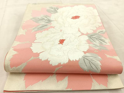 平和屋着物◎六通柄袋帯　唐織　牡丹　銀糸　正絹　逸品　BAAU9355yc