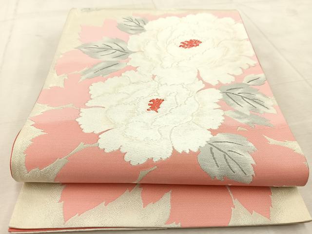 平和屋着物◎六通柄袋帯　唐織　牡丹　銀糸　正絹　逸品　BAAU9355yc