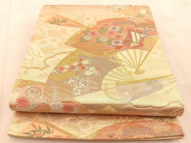 平和屋着物◎六通柄袋帯　唐織　扇面御所車花文　金銀糸　正絹　逸品　BAAU9350yc