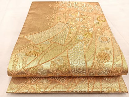 平和屋着物◎六通柄袋帯　陶彩つづれ　几帳花蝶文　金糸　正絹　逸品　BAAU9391yc