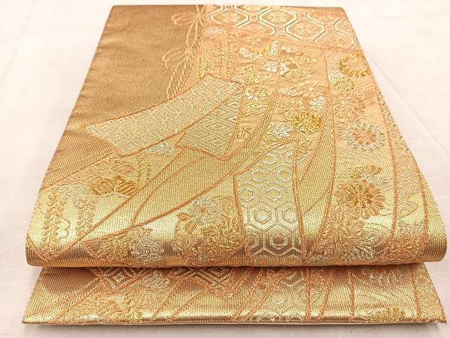 平和屋着物◎六通柄袋帯　陶彩つづれ　几帳花蝶文　金糸　正絹　逸品　BAAU9391yc