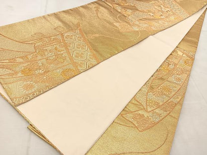 平和屋着物◎六通柄袋帯　陶彩つづれ　几帳花蝶文　金糸　正絹　逸品　BAAU9391yc