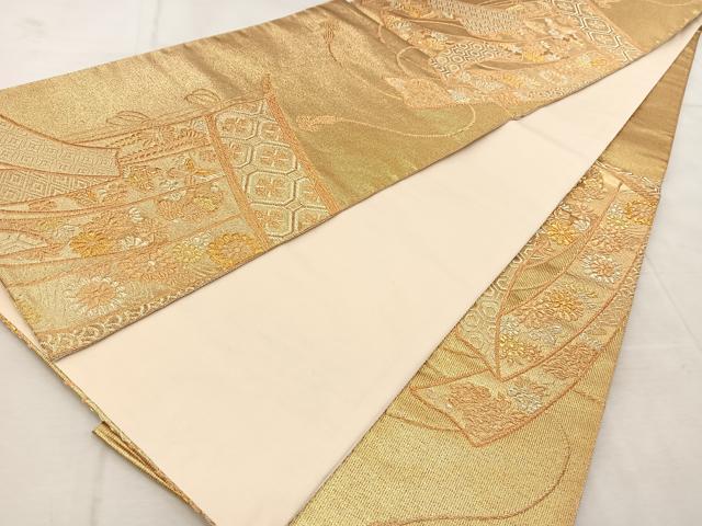 平和屋着物◎六通柄袋帯　陶彩つづれ　几帳花蝶文　金糸　正絹　逸品　BAAU9391yc