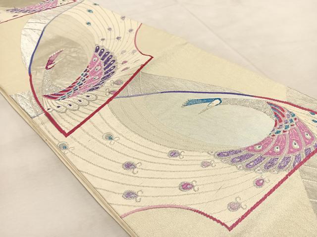 平和屋着物◎六通柄袋帯　唐織　地紙孔雀文　銀糸　正絹　逸品　BAAU9428yc