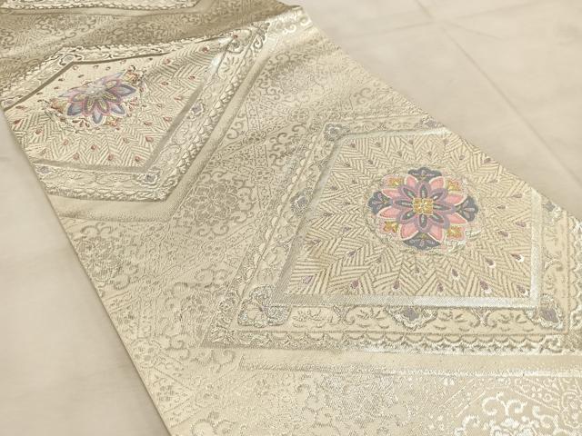 平和屋着物◎六通柄袋帯　唐織　孔雀羽花菱文　金銀糸　正絹　逸品　BAAU9453yc