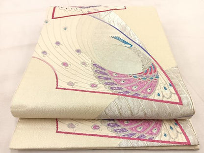 平和屋着物◎六通柄袋帯　唐織　地紙孔雀文　銀糸　正絹　逸品　BAAU9428yc