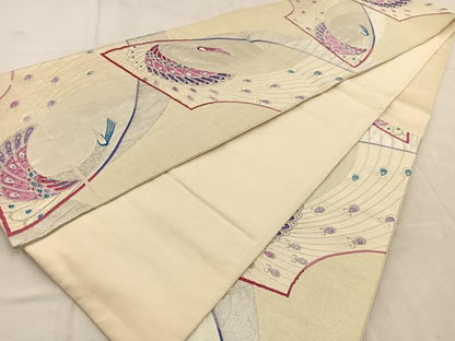 平和屋着物◎六通柄袋帯　唐織　地紙孔雀文　銀糸　正絹　逸品　BAAU9428yc
