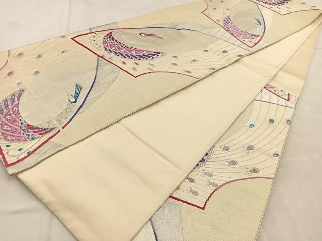 平和屋着物◎六通柄袋帯　唐織　地紙孔雀文　銀糸　正絹　逸品　BAAU9428yc