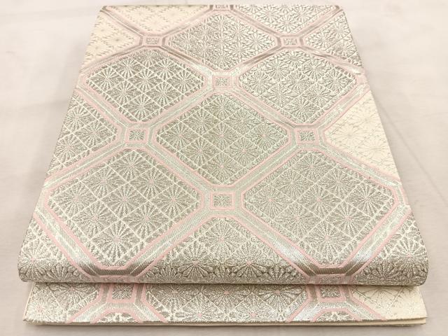 平和屋着物◎六通柄袋帯　唐織　蜀江菊菱文　銀糸　正絹　逸品　BAAU9518yc