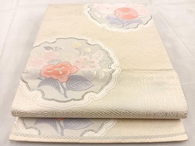 平和屋着物◎六通柄袋帯　唐織　雪輪花文　銀糸　正絹　逸品　BAAU9583yc