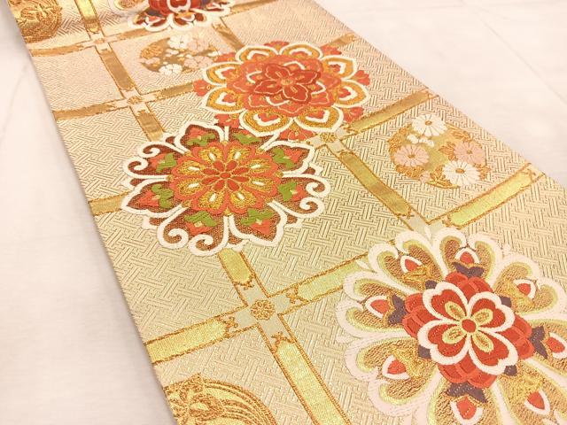 平和屋着物◎佐賀錦　六通柄袋帯　唐織　格子華文　金糸　正絹　逸品　BAAU9587yc