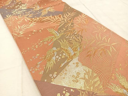 平和屋着物◎六通柄袋帯　飛鶴笠竹文　金銀糸　正絹　逸品　BAAU9606yc