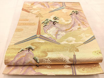 平和屋着物◎六通柄袋帯　唐織　扇風景文　金糸　正絹　逸品　BAAU9648yc