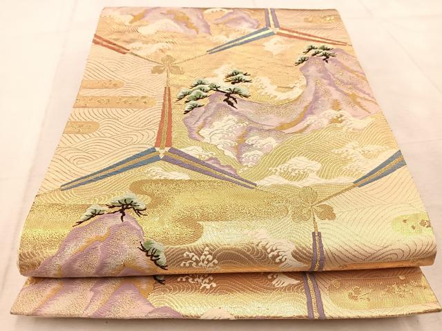 平和屋着物◎六通柄袋帯　唐織　扇風景文　金糸　正絹　逸品　BAAU9648yc