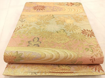 平和屋着物◎六通柄袋帯　流水草花文　金糸　正絹　逸品　BAAU9635yc
