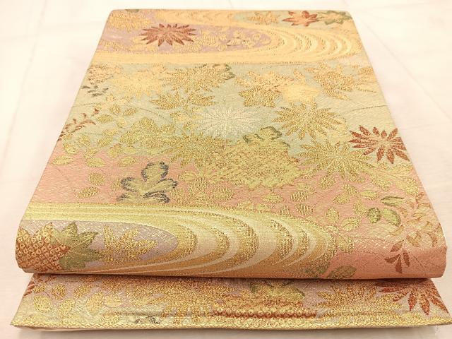 平和屋着物◎六通柄袋帯　流水草花文　金糸　正絹　逸品　BAAU9635yc