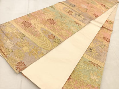 平和屋着物◎六通柄袋帯　流水草花文　金糸　正絹　逸品　BAAU9635yc