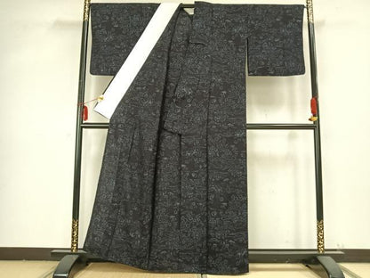 平和屋着物▽結城ちぢみ 単衣 風景草花文 正絹 逸品 AABB2198fy