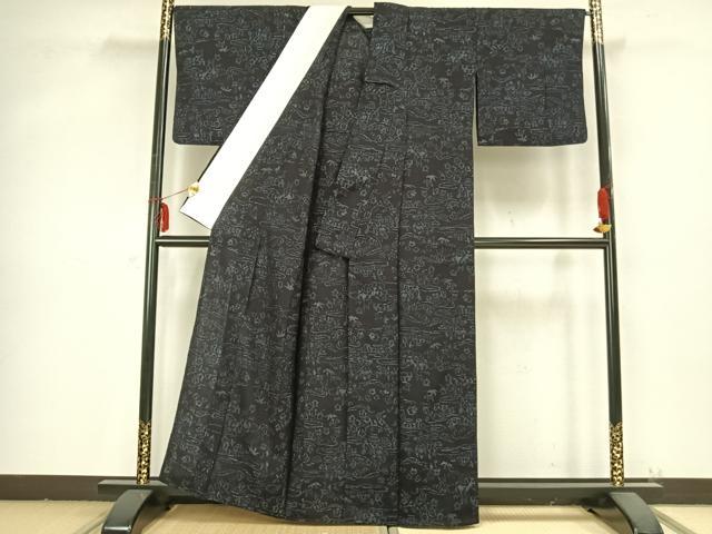 平和屋着物▽結城ちぢみ 単衣 風景草花文 正絹 逸品 AABB2198fy