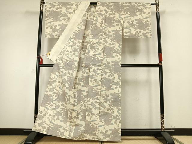 平和屋着物▽上質な紬 単衣 草花文 正絹 逸品 AABB2206fy