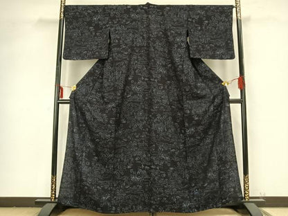 平和屋着物▽結城ちぢみ 単衣 風景草花文 正絹 逸品 AABB2198fy