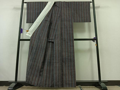 平和屋着物▽上質な紬 単衣 縞 やまと誂製 正絹 逸品 AABB4502jh