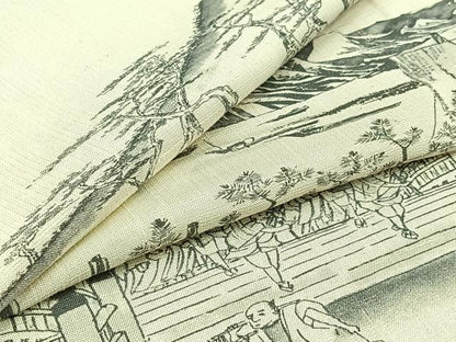 平和屋着物▽上質な紬　単衣　手描き　風景人物文　ロング丈　正絹　逸品　AABB4514jh