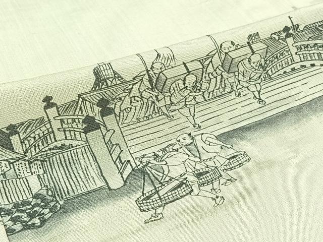 平和屋着物▽上質な紬　単衣　手描き　風景人物文　ロング丈　正絹　逸品　AABB4514jh