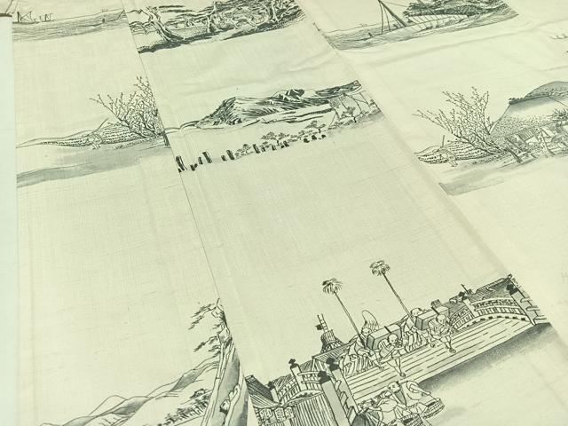平和屋着物▽上質な紬　単衣　手描き　風景人物文　ロング丈　正絹　逸品　AABB4514jh