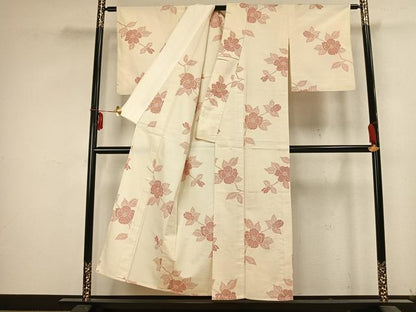 平和屋着物▽上質な紬 単衣 草花文 正絹 逸品 AABB2231fy