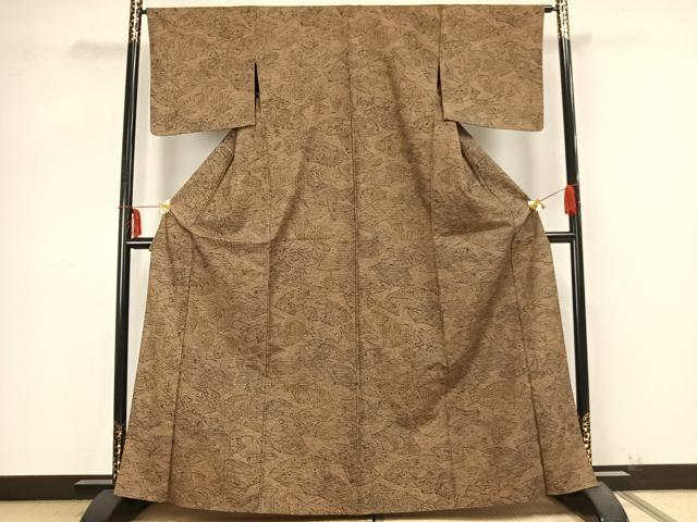 平和屋着物▽上質な紬 単衣 地紙草花文 正絹 逸品 AABB2256fy