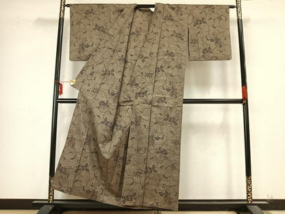 平和屋着物▽上質な紬　単衣　花唐草文　正絹　逸品　AABB2250fy