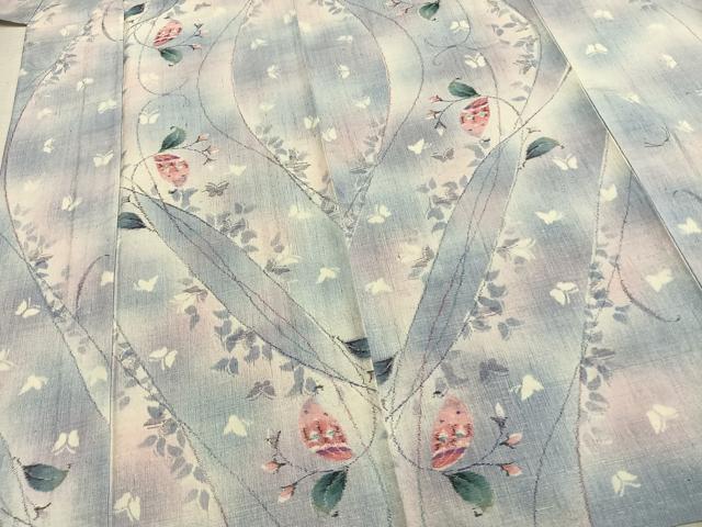 平和屋着物▽上質な紬 単衣 舞蝶枝葉文 正絹 逸品 AABB2251fy