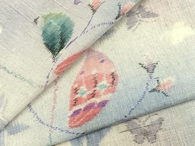 平和屋着物▽上質な紬 単衣 舞蝶枝葉文 正絹 逸品 AABB2251fy