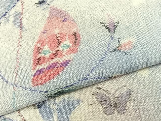 平和屋着物▽上質な紬 単衣 舞蝶枝葉文 正絹 逸品 AABB2251fy