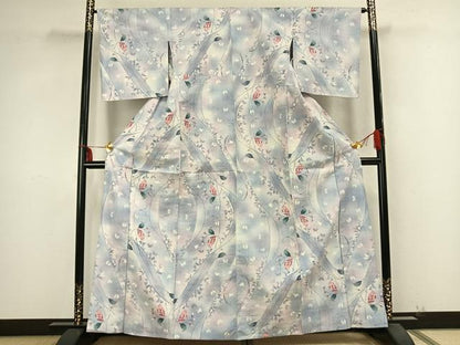 平和屋着物▽上質な紬 単衣 舞蝶枝葉文 正絹 逸品 AABB2251fy