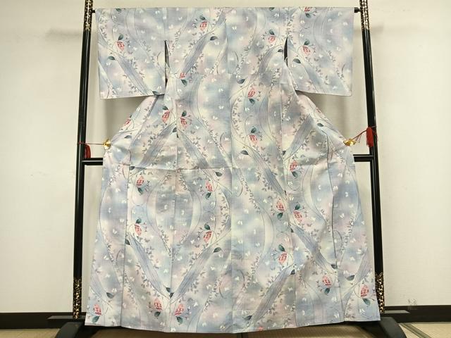 平和屋着物▽上質な紬 単衣 舞蝶枝葉文 正絹 逸品 AABB2251fy