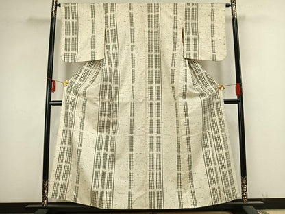 平和屋着物▽上質な紬　単衣　格子　正絹　逸品　AABB2268fy