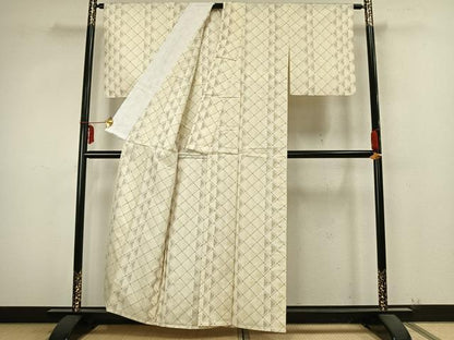 平和屋着物▽上質な紬 単衣 菱文 正絹 逸品 AABB2269fy