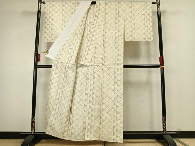 平和屋着物▽上質な紬 単衣 菱文 正絹 逸品 AABB2269fy