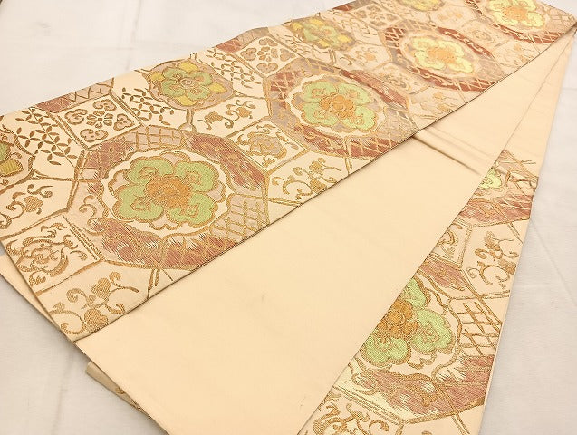 平和屋着物◎六通柄袋帯　蜀江花文　金糸　正絹　逸品　BAAU9519yc