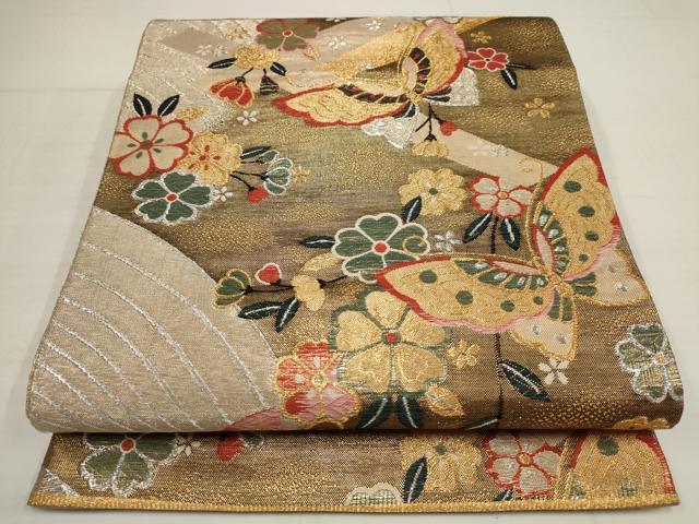 平和屋着物◎六通柄袋帯 花蝶文 金銀糸 正絹 逸品 AABB4611wj