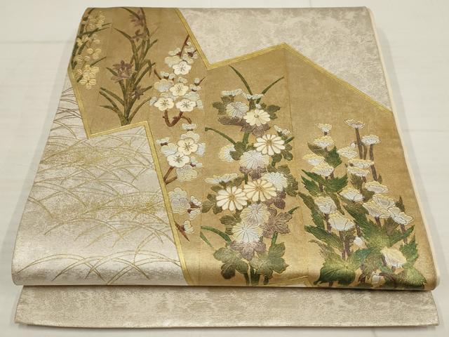 平和屋着物▼太鼓柄袋帯　刺繍　草花文　金銀彩　正絹　逸品　AABB4618wj