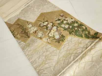 平和屋着物▼太鼓柄袋帯　刺繍　草花文　金銀彩　正絹　逸品　AABB4618wj